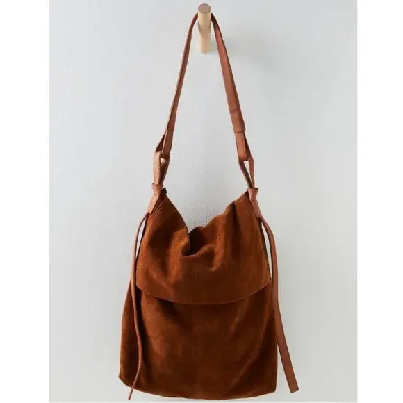 Free People Roswell Boho Slouchy Suede Leather Messenger Bag Tote Cognac Brown - Picture 7 of 16